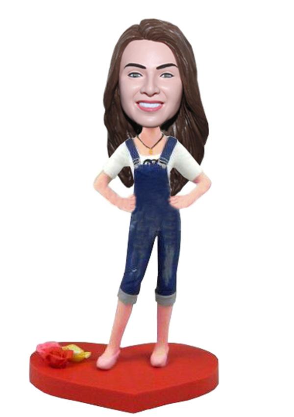 Custom Denim Jumpsuit  Bobblehead For Your Girlfriend Look Alike Bobble Head - Abobblehead.com