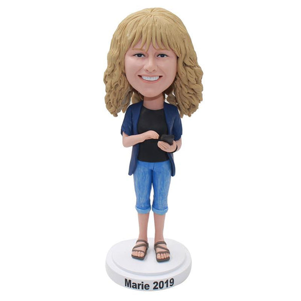 Custom Blonde Beauty Bobbleheads Holding A Mobile Phone, Make Your Own Bobblehead - Abobblehead.com