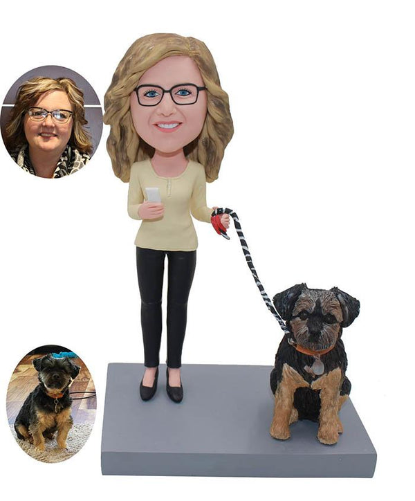 Custom Female Bobbleheads With A Dog, Personalized Bobblehead For Her With Dog - Abobblehead.com